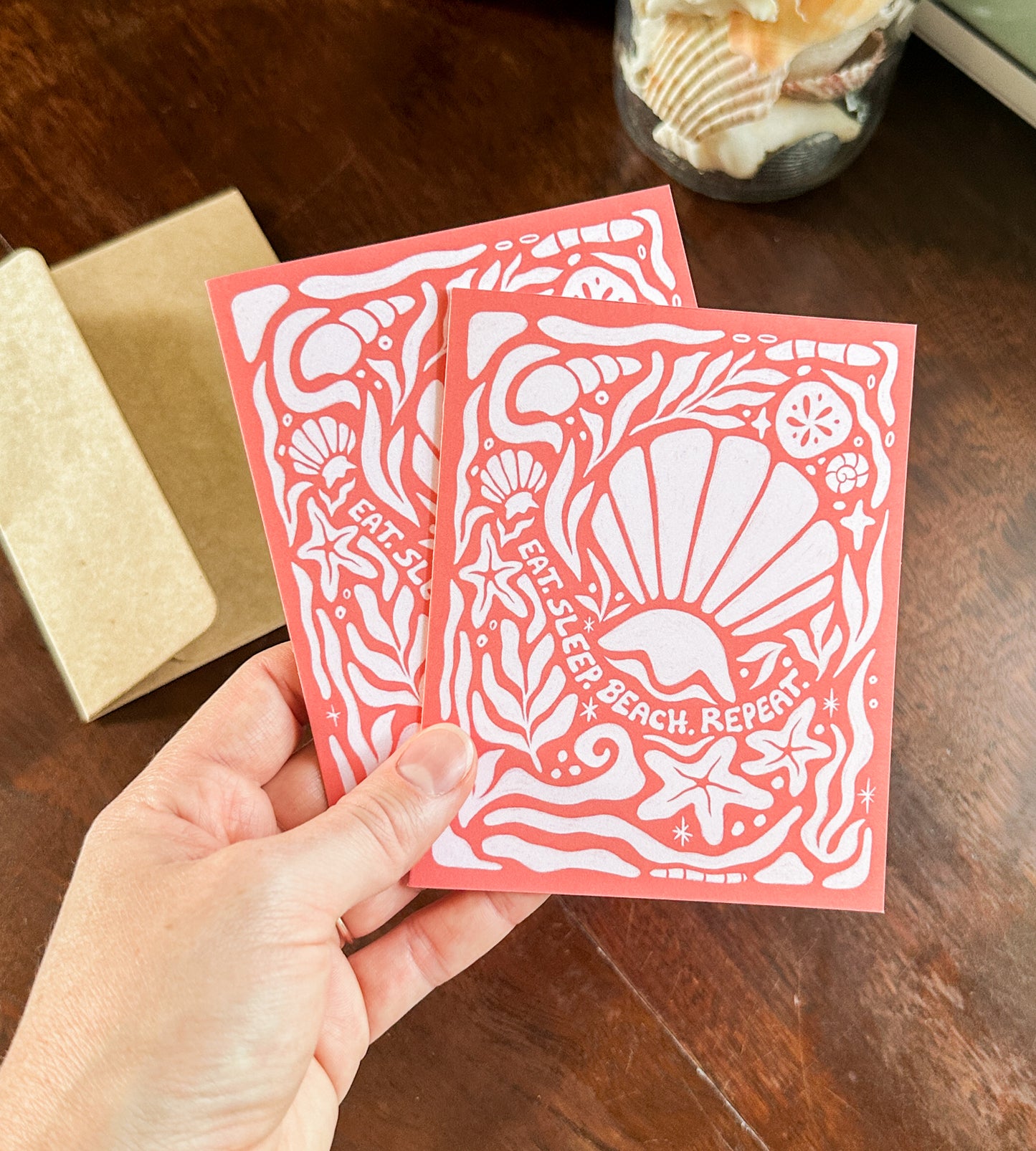 "Eat. Sleep. Beach. Repeat." Seashell - Greeting Card