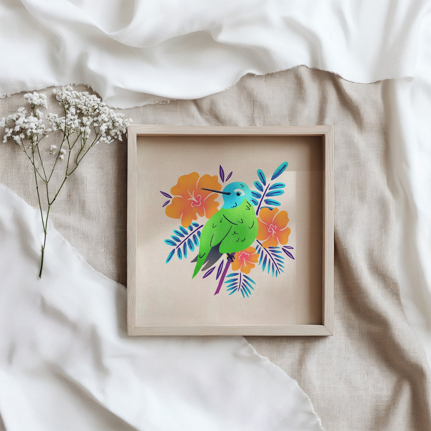 Tropical Hummingbird Art Print 8x8"