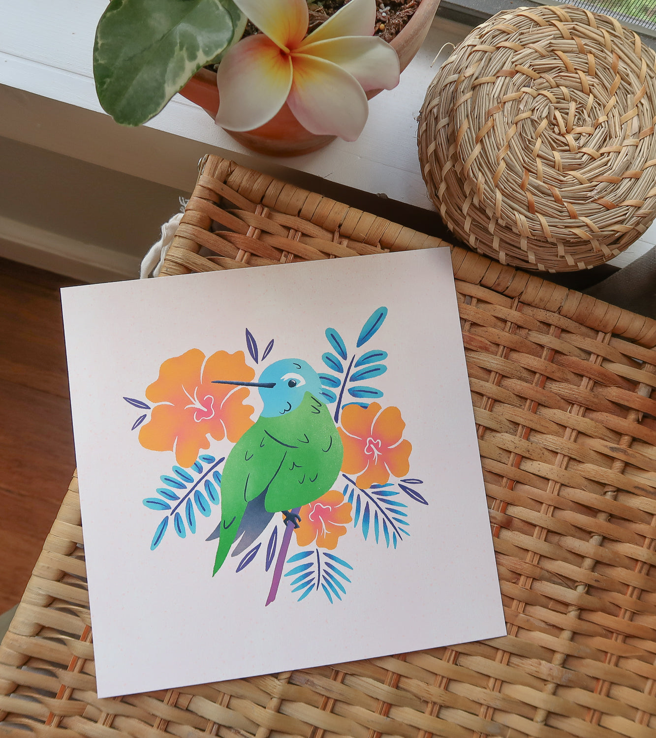 Tropical Hummingbird Art Print 8x8"