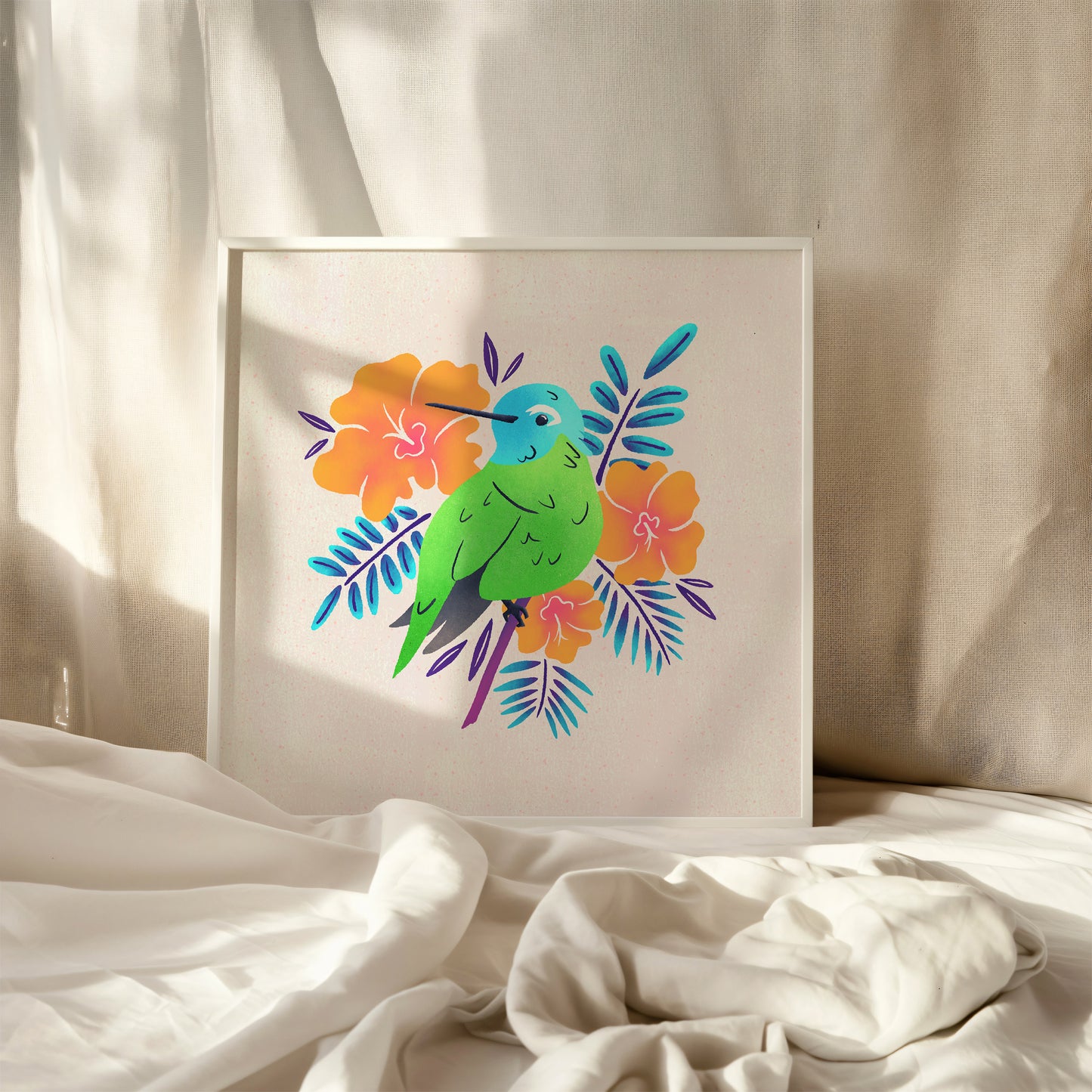 Tropical Hummingbird Art Print 8x8"