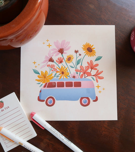 Flower Power Van Art Print 8x8"