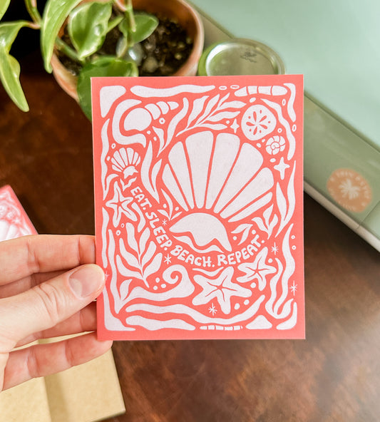 "Eat. Sleep. Beach. Repeat." Seashell - Greeting Card