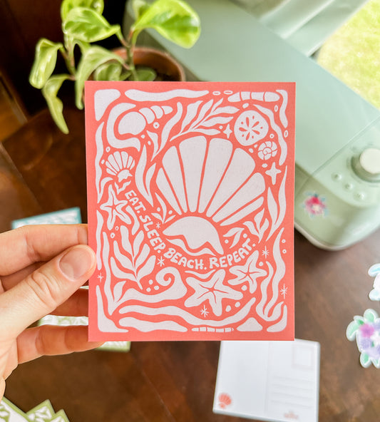 "Eat. Sleep. Beach. Repeat." Seashell Postcard