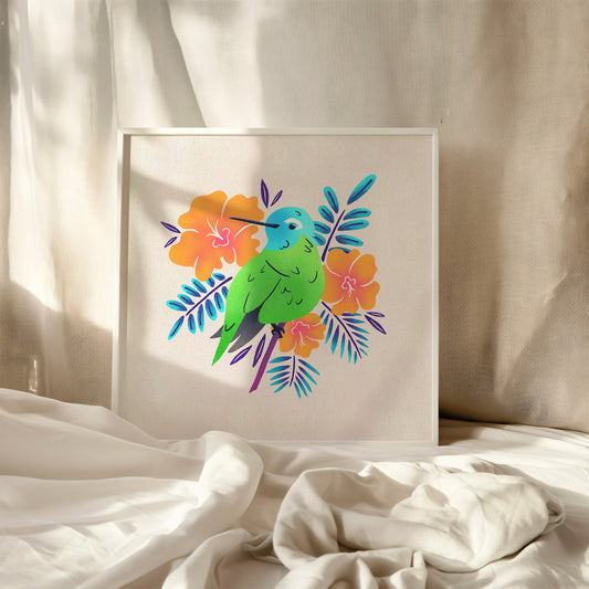 Tropical Hummingbird Art Print 8x8"